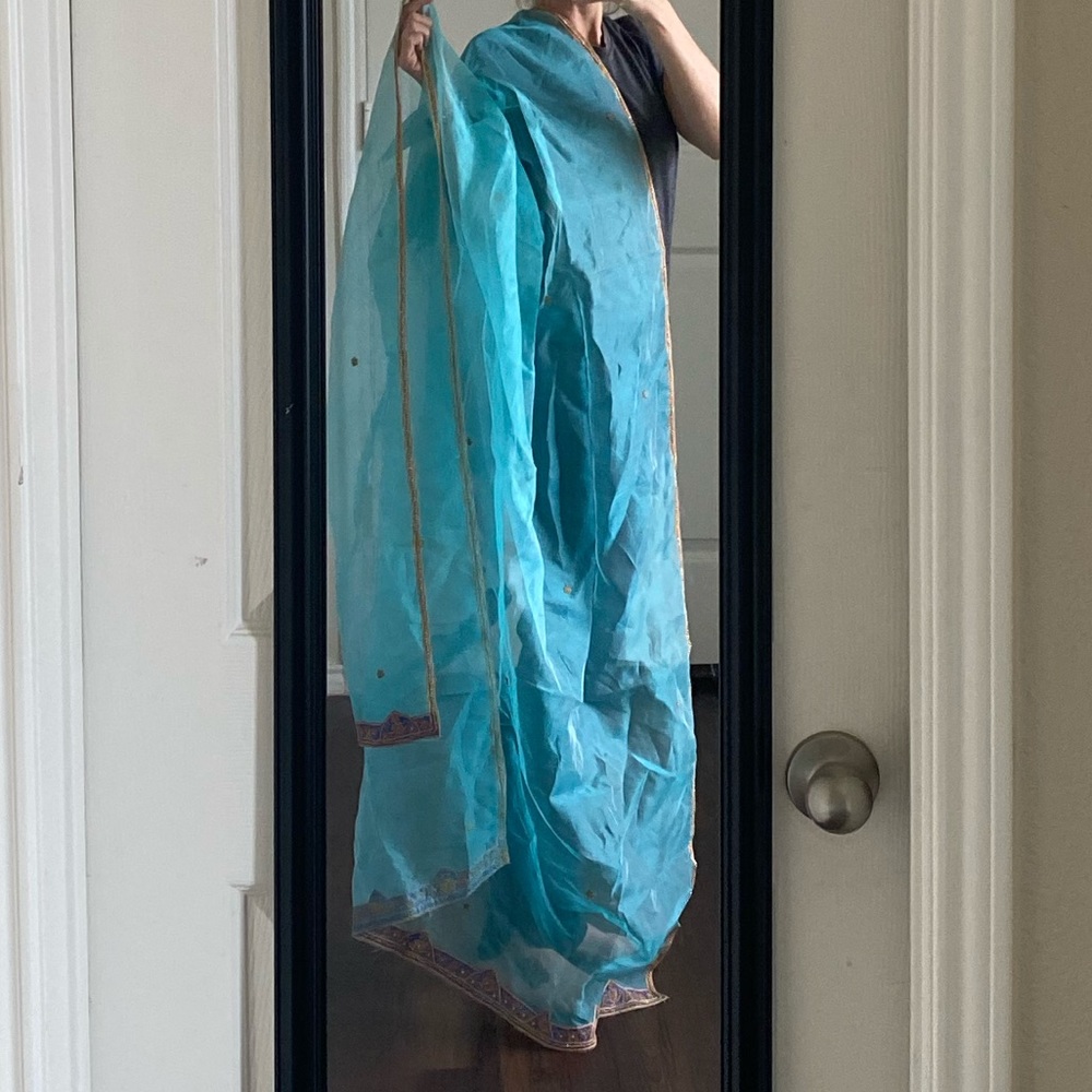 Turquoise blue gold sheer scarf shawl dupatta